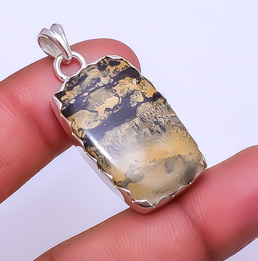 Honey Dendritic Opal – Mexico Gemstone 925 Sterling Silver Pendant 1.68″ P41