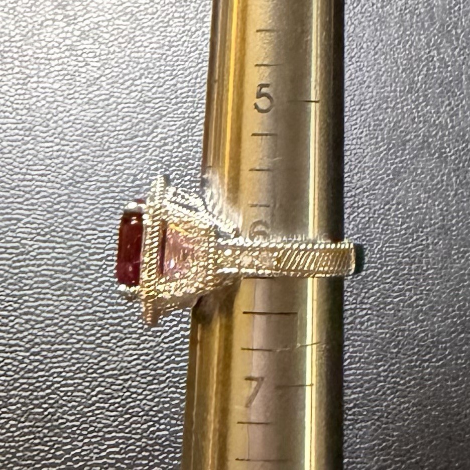 Judith Ripka Lab Ruby, Pink CZ Trapezoid sides, & pave CZ Celebration Ring, Sz 6