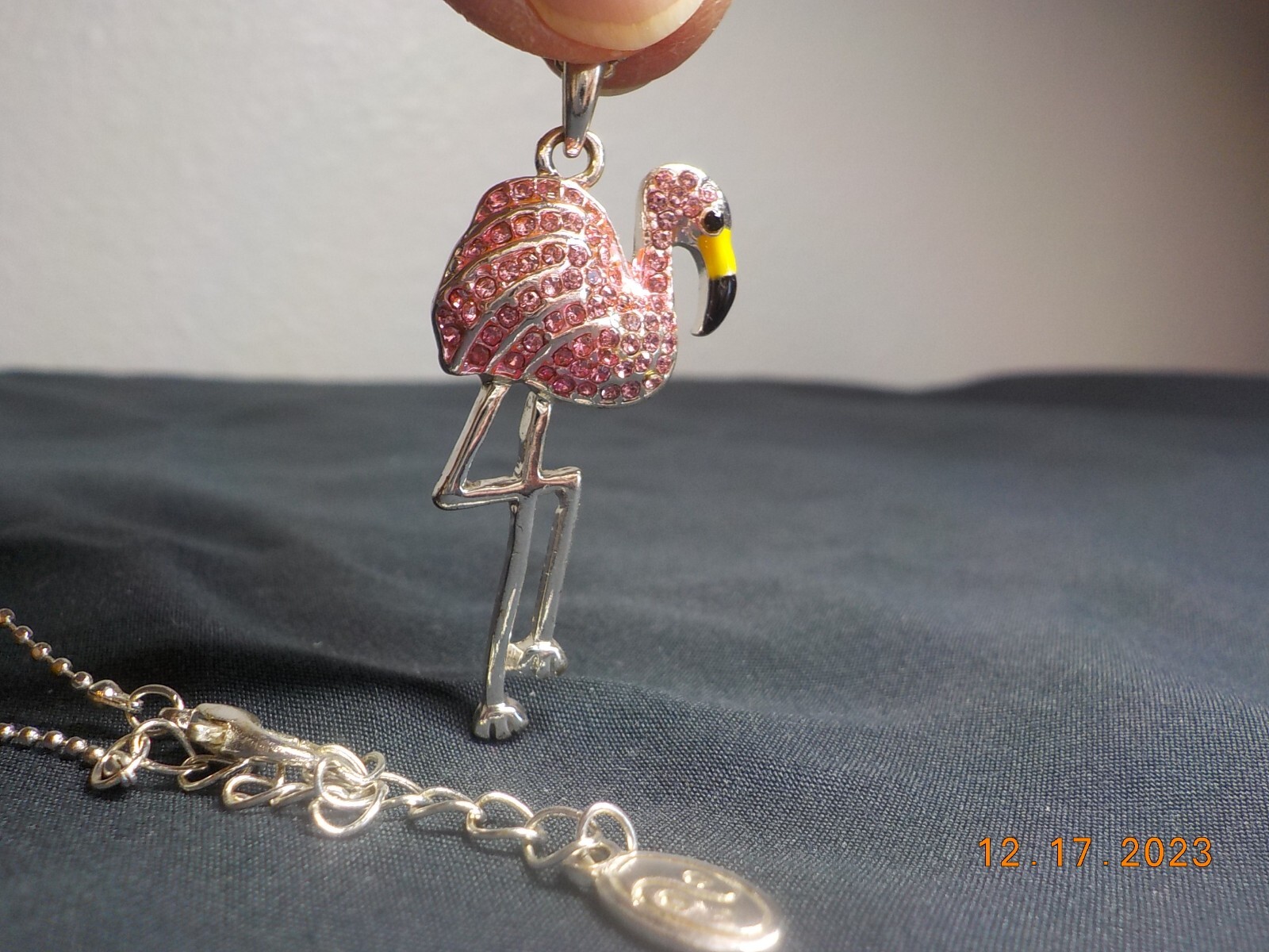ADULT JEWELS SIGNED PINK RHINESTONE STUDDED FLAMINGO PENDANT ON BALL CHAIN