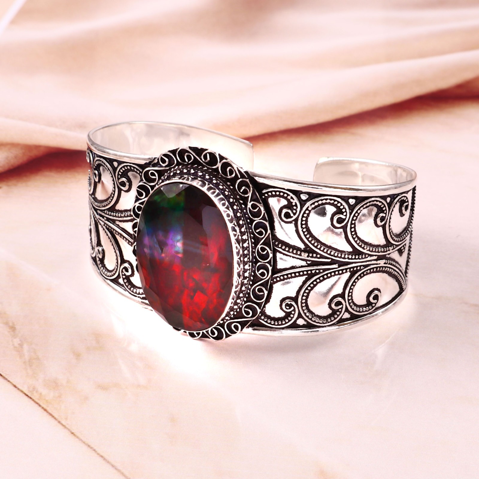 Handmade Ammolite Sterling Silver Cuff Bracelet