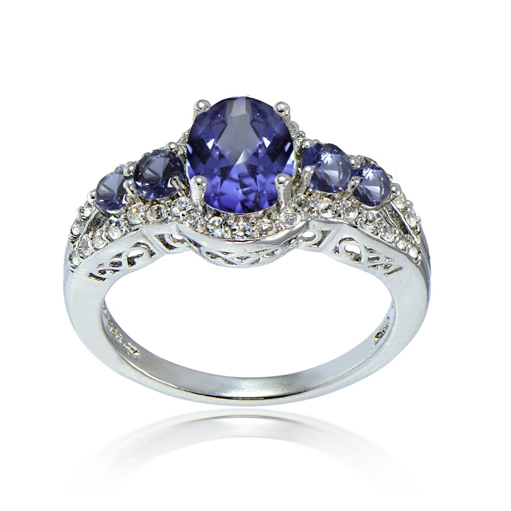 Simulated Tanzanite and Cubic Zirconia Oval Halo Five Stone Ring