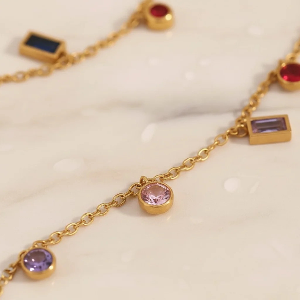Multicolor Gemstone Necklace Gold Charm Necklace |Stainless Steel Layering Chain