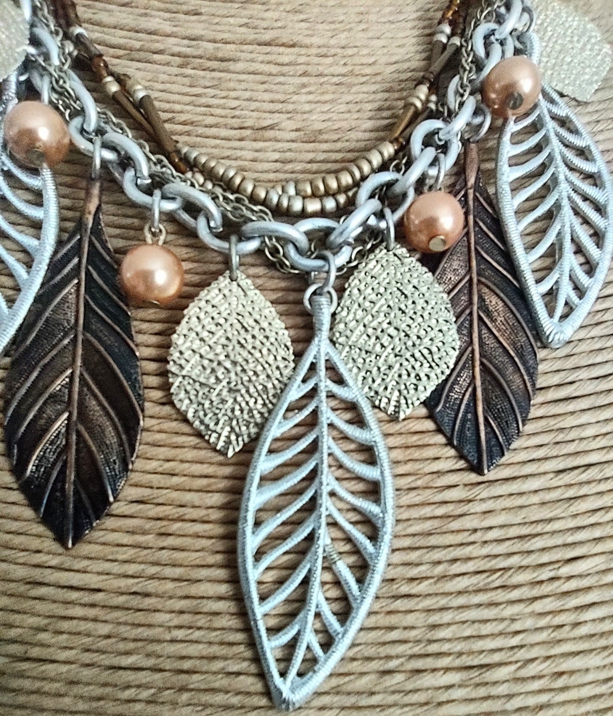 Mixed Metals -Silver, Gold, & Copper Tone – Beaded Layered Leaf Necklace