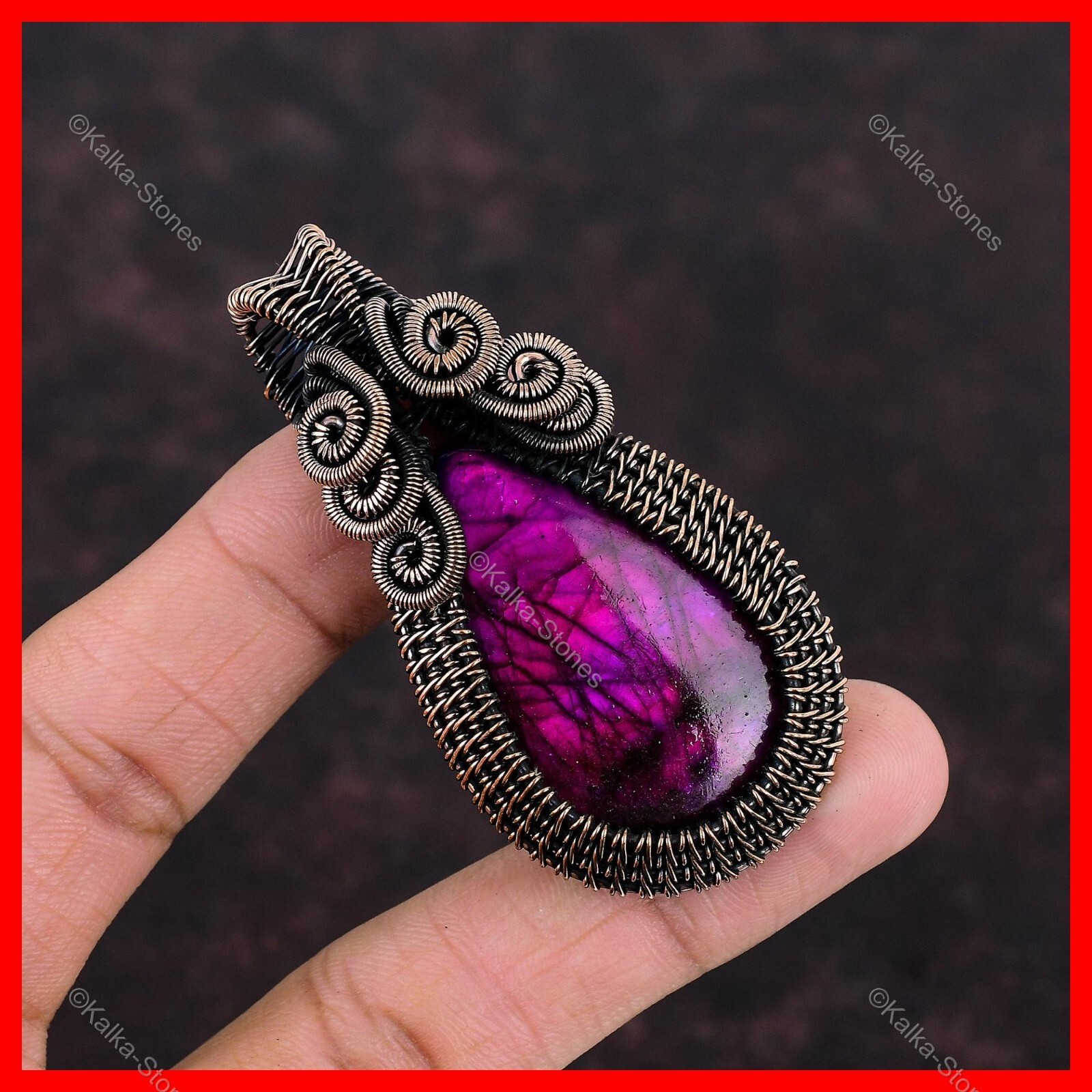 Copper Pear Pink Fire Labradorite Stone Trendy Boho Wire Wrapped Unique Pendant