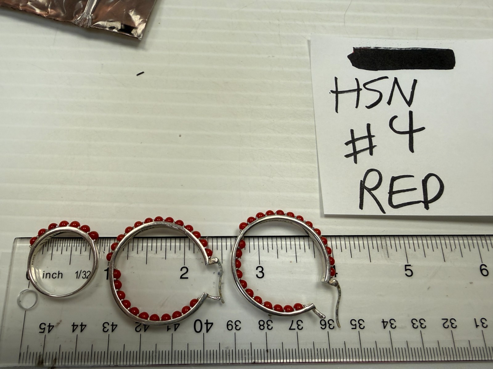 HSN Red Stone Inside Out Sterling Hoop Earrings Pierced w/Ring Size 10 #4