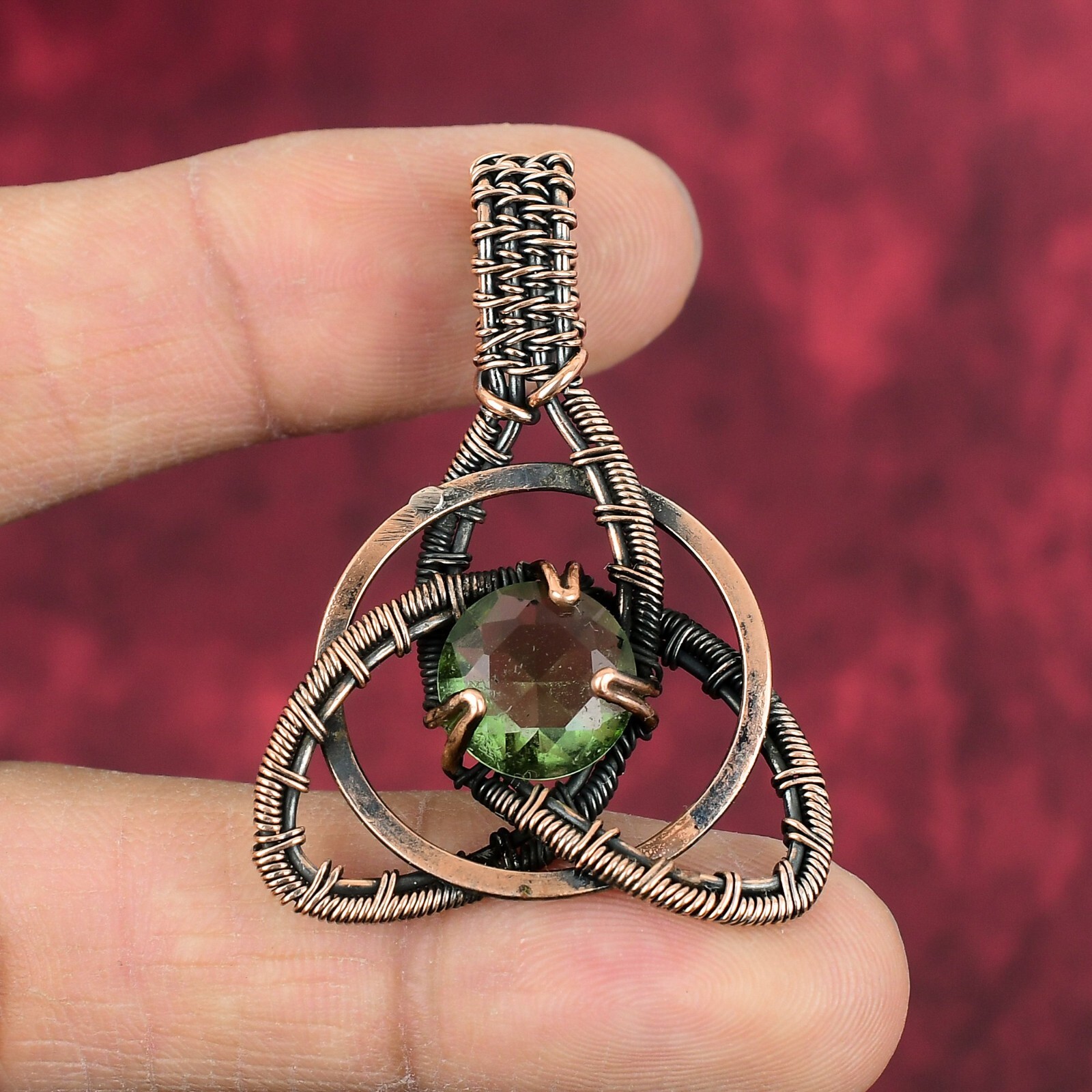 Faceted Green Amethyst Gemstone Pendant Handmade Copper Wire Wrapped Jewelry