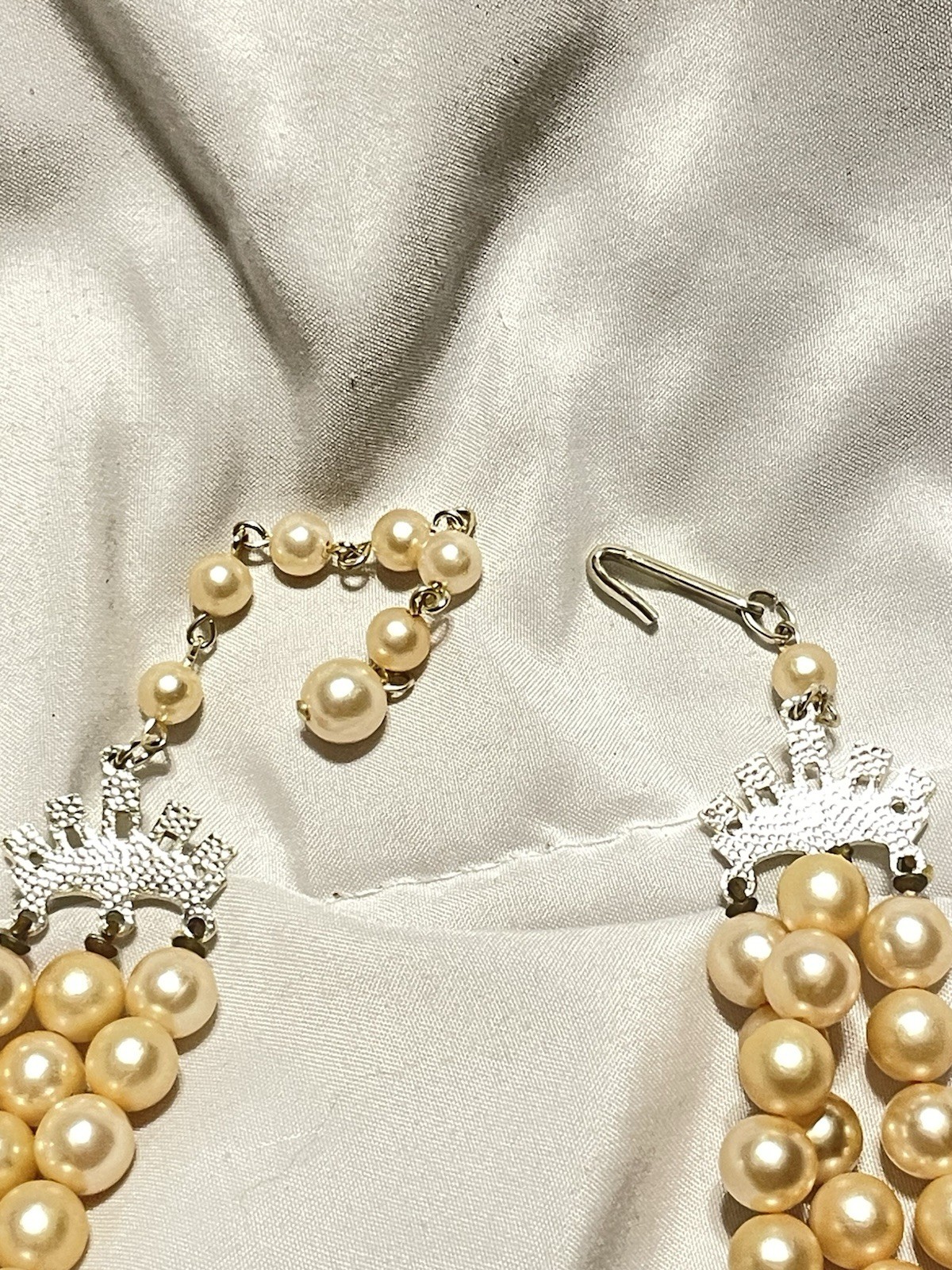 Vintage Cream Faux Pearl Multi-Strand Beaded Necklace Gold Tone Hook Clasp