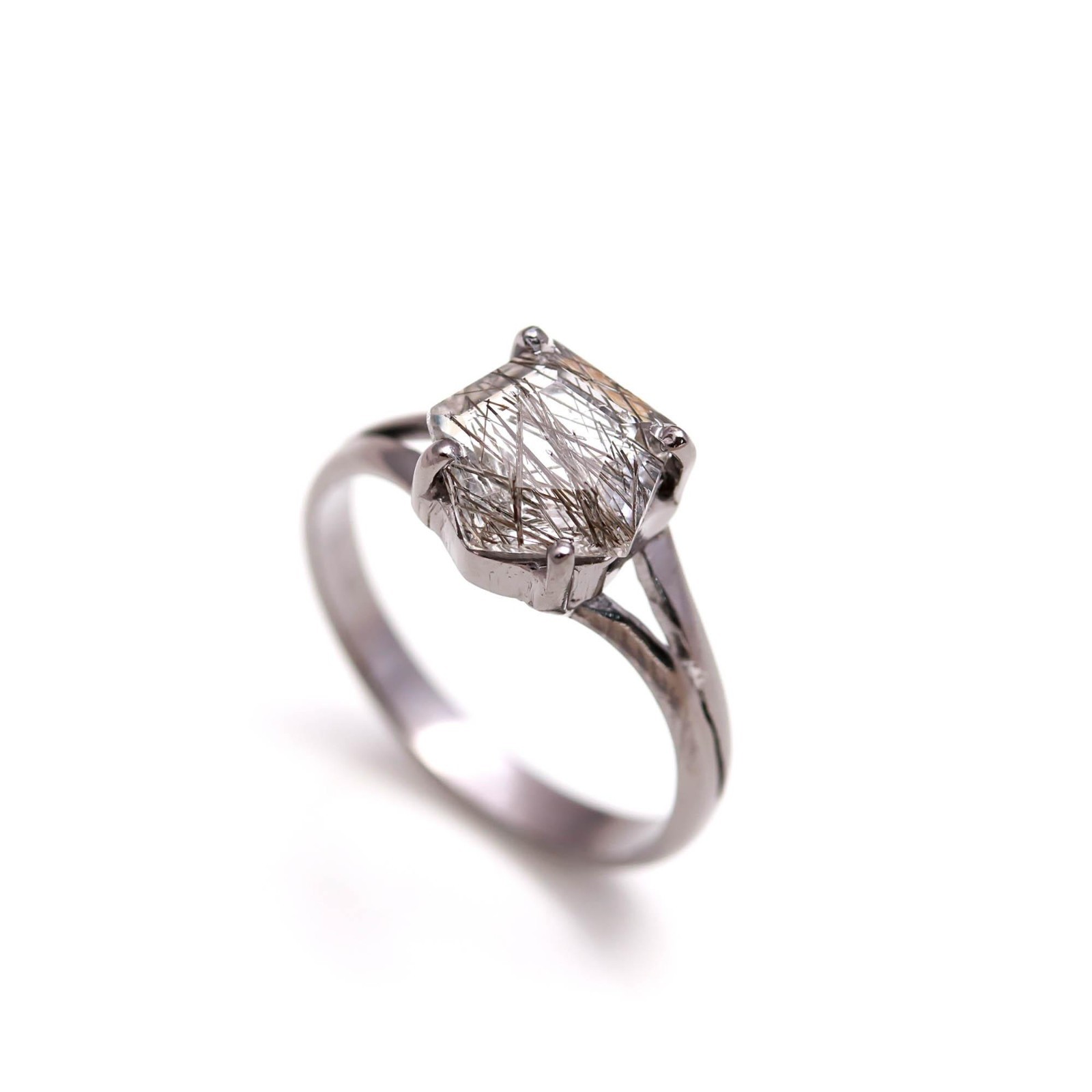 Natural Black Rutile Pentagon Ring Black Oxidized 925 Sterling Silver Jewelry