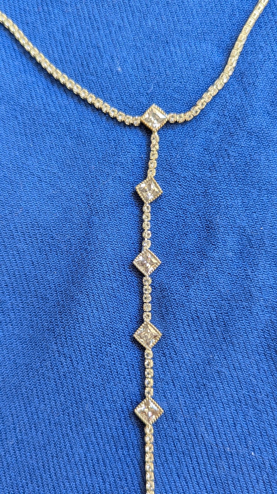 Silver Tone Lariat Y Chain Necklace Clear Crystal Box Chain Adjustable 13″ + 5″