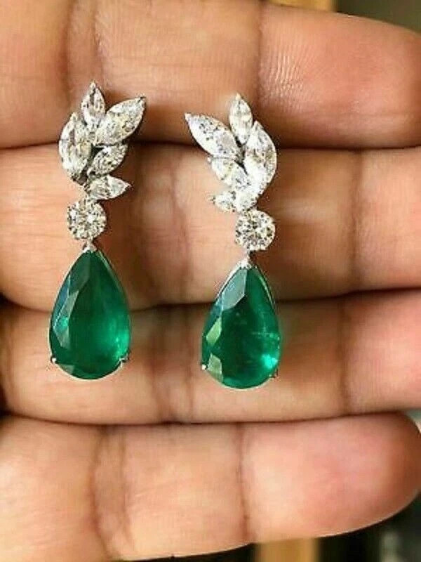 2.50Ct Pear Simulated Emerald Fancy Drop Dangle Earrings 14K White Gold Plated