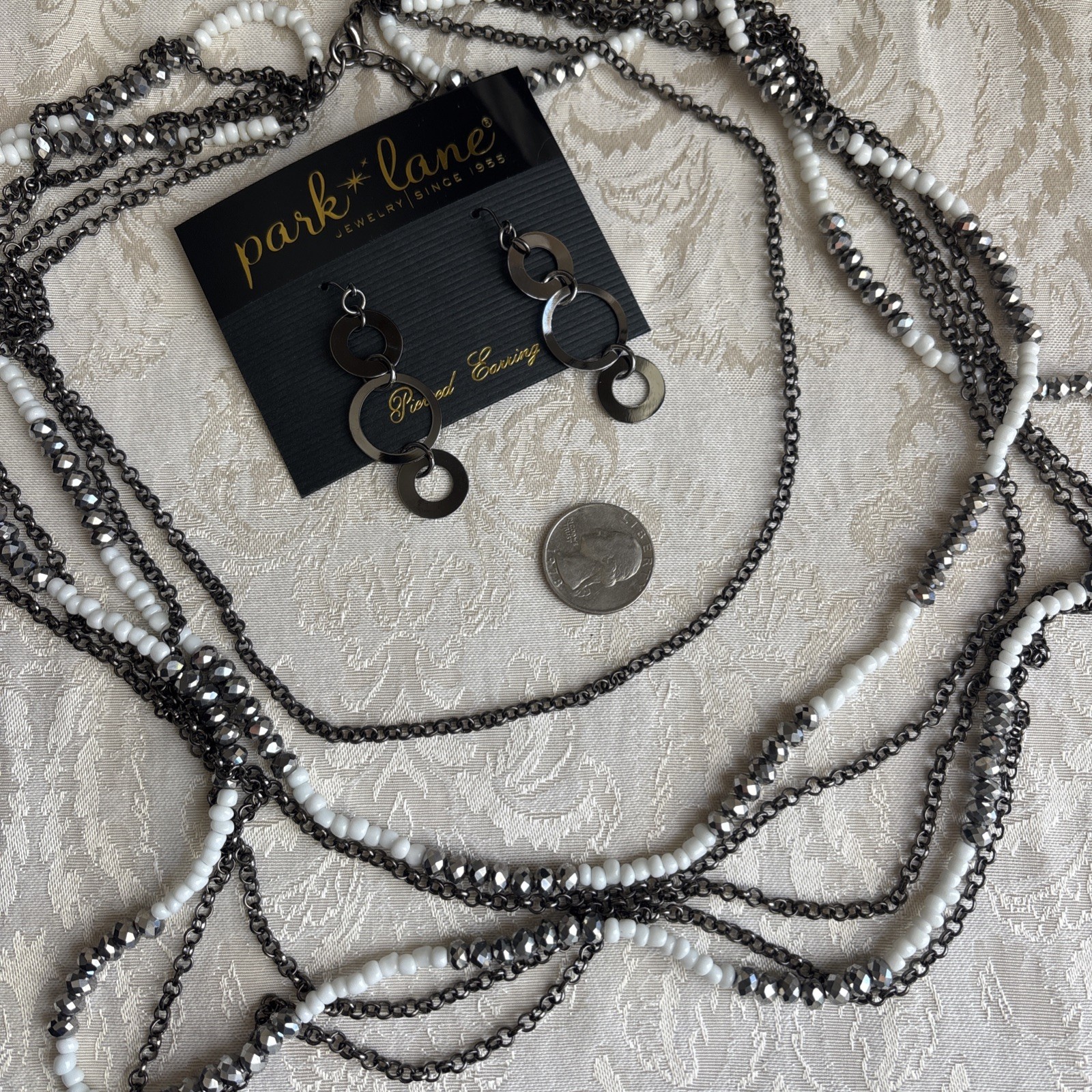 Park Lane Chic Earrings Hematite Tone Interlocking Circles & Unsigned Necklace