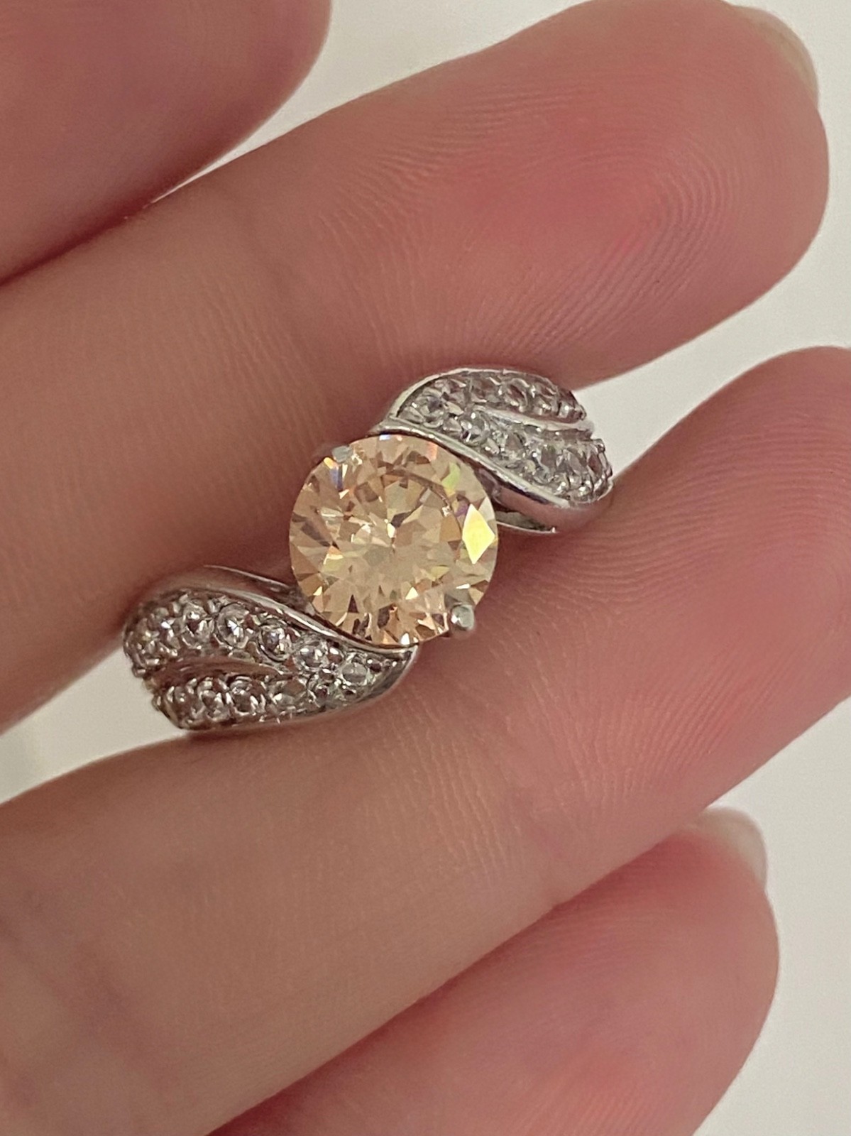 Sterling Silver Ring | Champagne CZ Centre & Clear Accents | UK Size P / 7½ /56