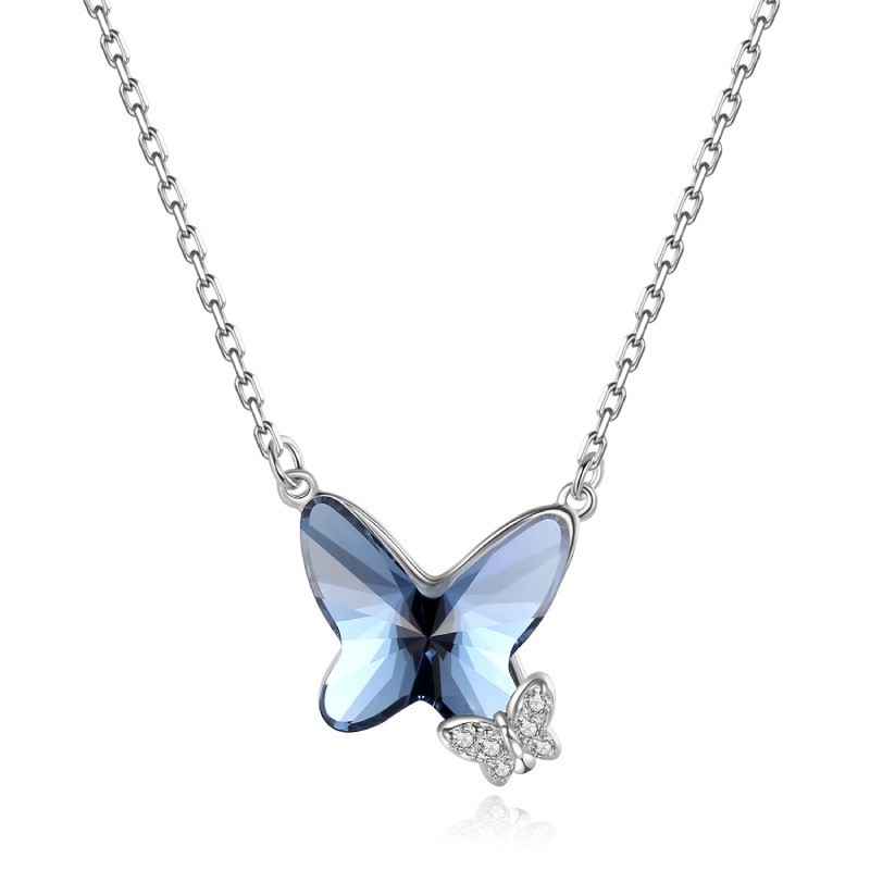 925 Sterling Silver Butterfly Pendant Necklace For Women Inlaid Crystal CZ