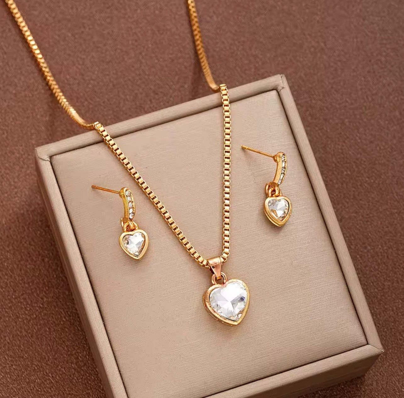 Gold Color Heart Jewelry Set Necklace And Earrings Elegant Matching Women Gift