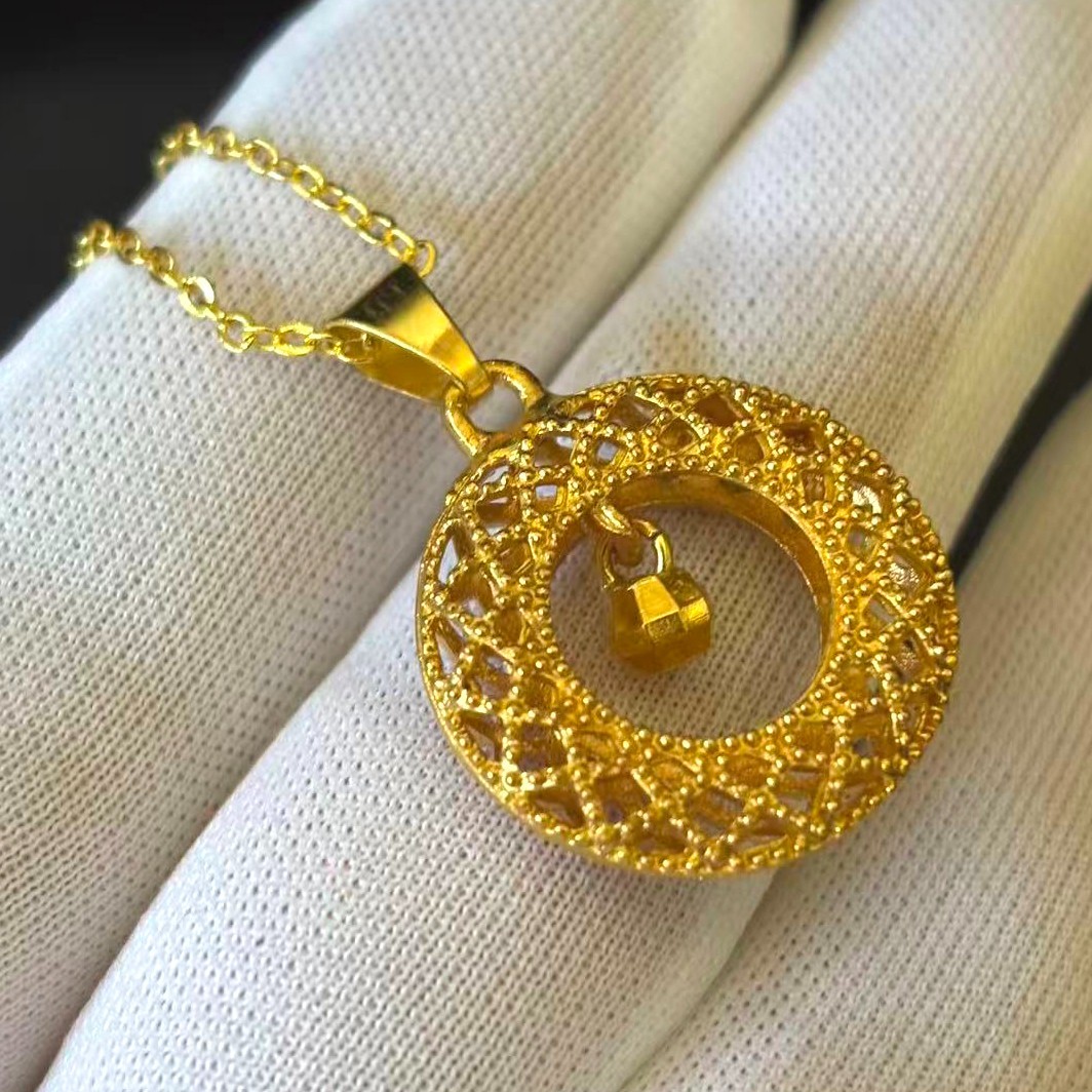 Hollowed-out Gold-plated?(NOT SURE) Gold tone Round Pendant Necklace marked’999′