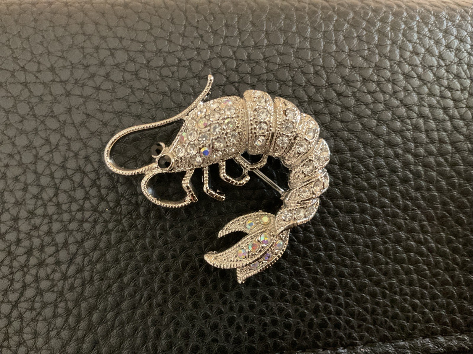 Shrimp Shellfish Silver Tone Crystal Rhinestone Pin Brooch ~ NEW