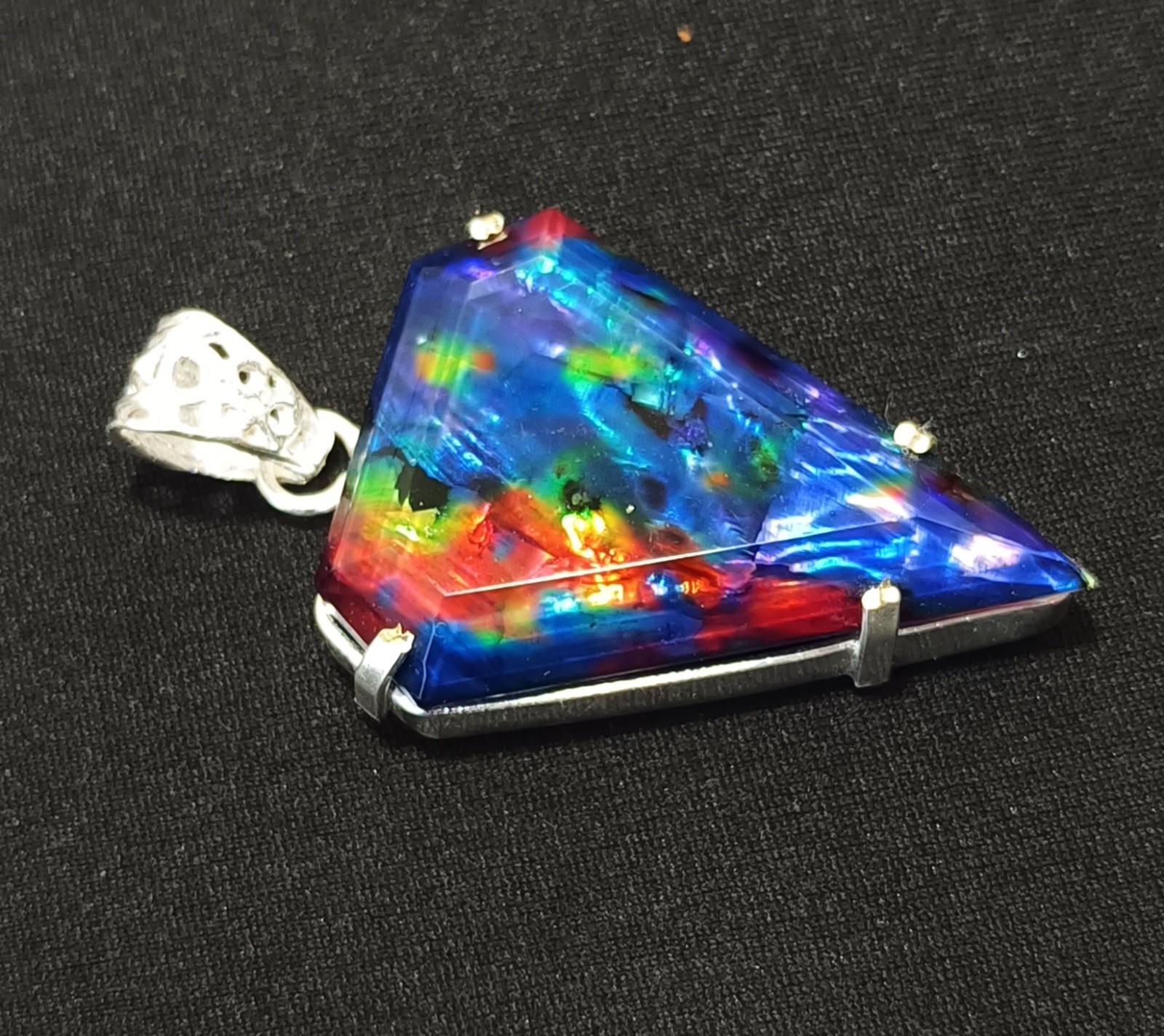 Ammolite Doublet 59.15 Ct Natural Gemstone Solid Silver Fancy Rainbow Pendant