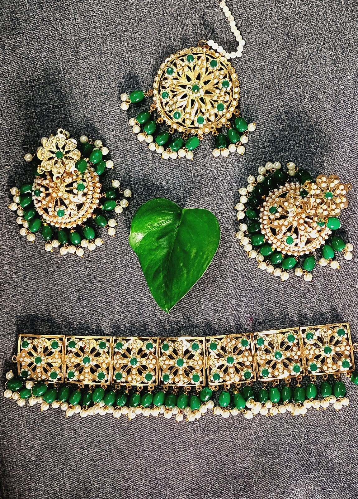 JAYWAR Green Beaded Choker Set Ethnic Bridal Jewelry Earrings & Maang Tikka
