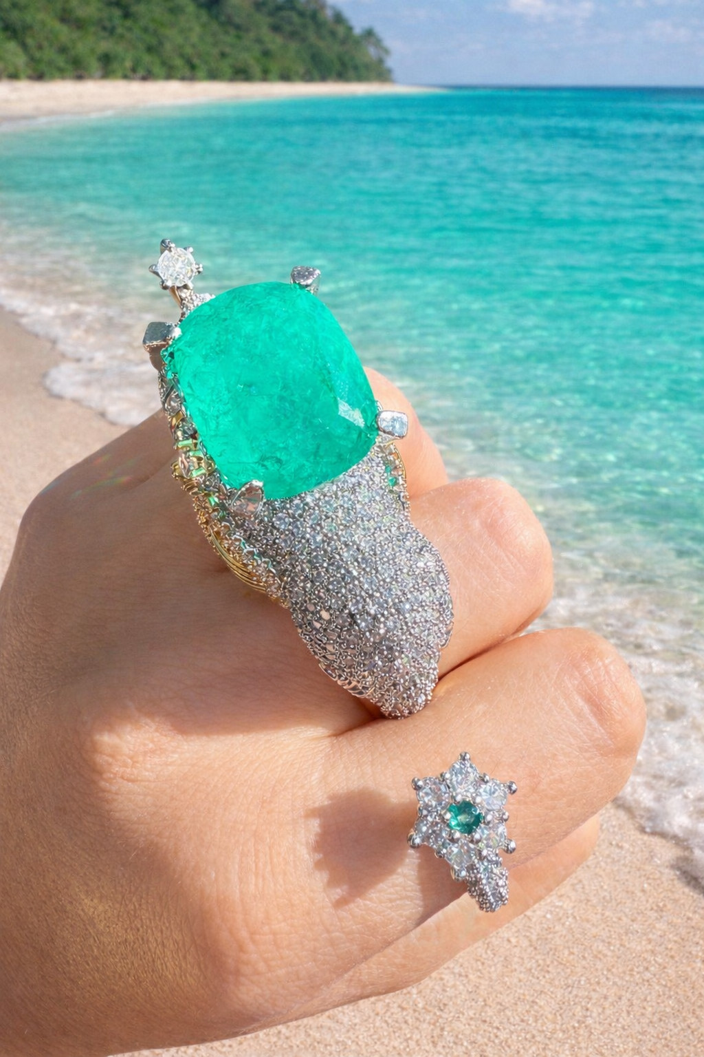 Queen Elephant 3 Finger Ring Emerald Ruby Austrian Crystals Platinum Plated Sz 8