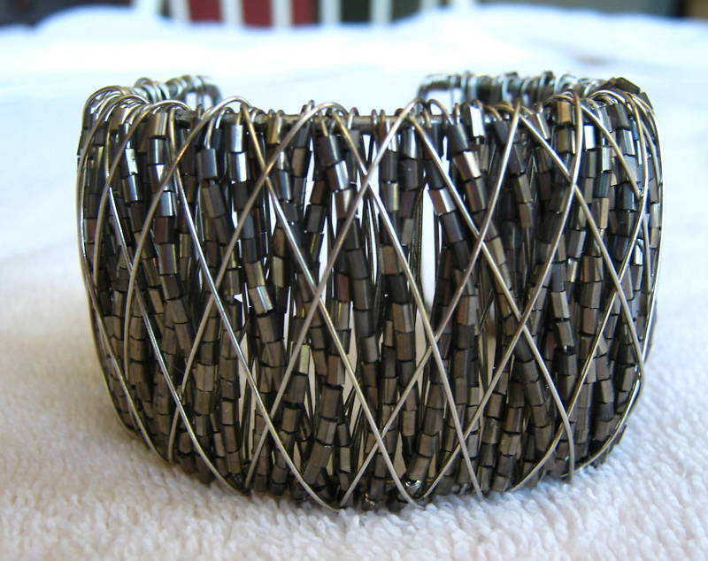 Metal Cuff Bracelet Acrylic Glass Beads Gun Metal Gray Tones 7-8″