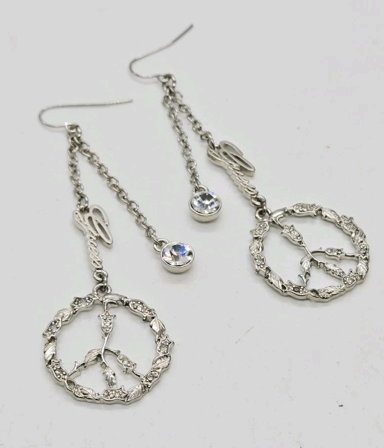 Guess PEACE Sign Earrings Chandelier Silver tone Circle Dangle Drop 3.5 in