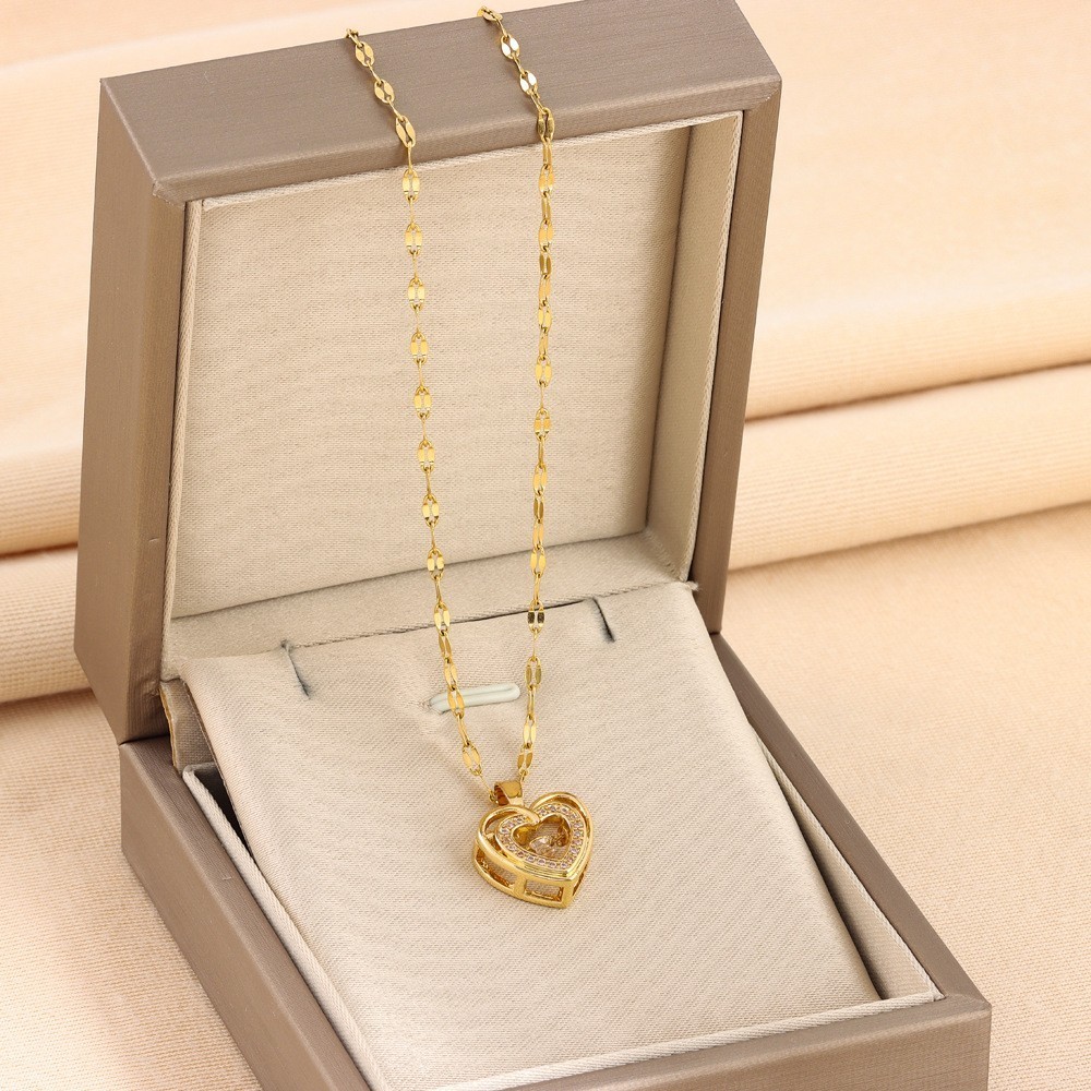 Double Layer Heart Necklace Rhinestone Titanium Steel Women Gift
