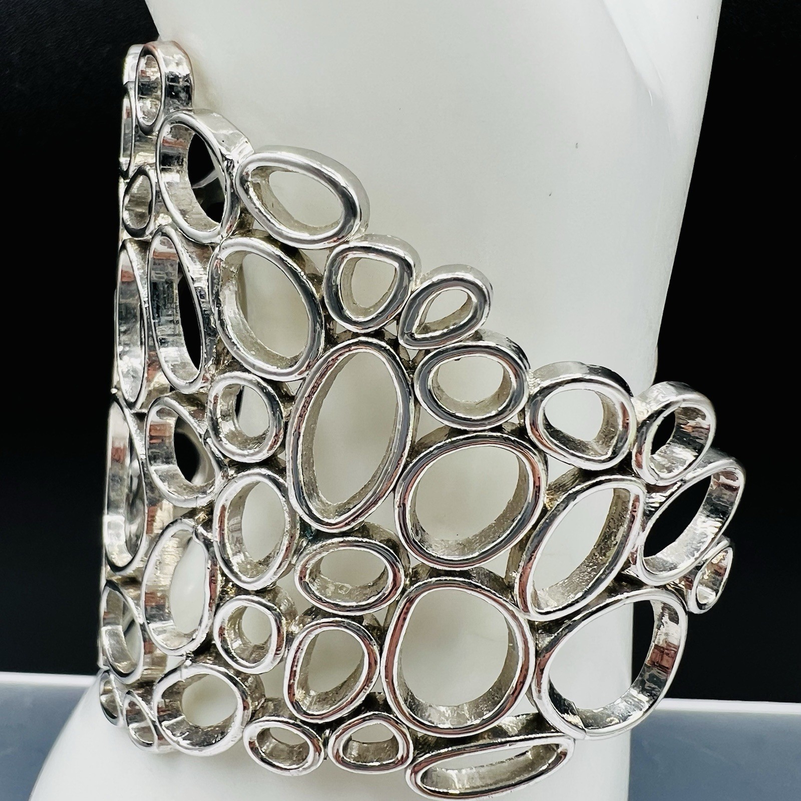 Wide Silver Tone Open Circle Cuff Bracelet Bubble Abstract Statement Modern Bold