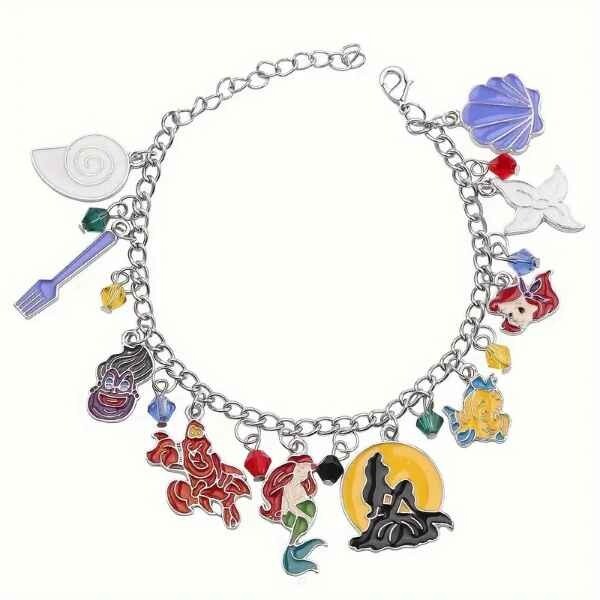 🦐 Disney Little Mermaid Silver Zinc Alloy Metal Charm Bracelet 7.5″ 10 Charms