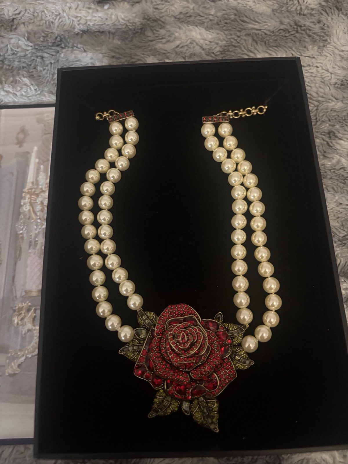 Heidi Daus Enchanted Beauty and the Beast Pearl Necklace Red Rose