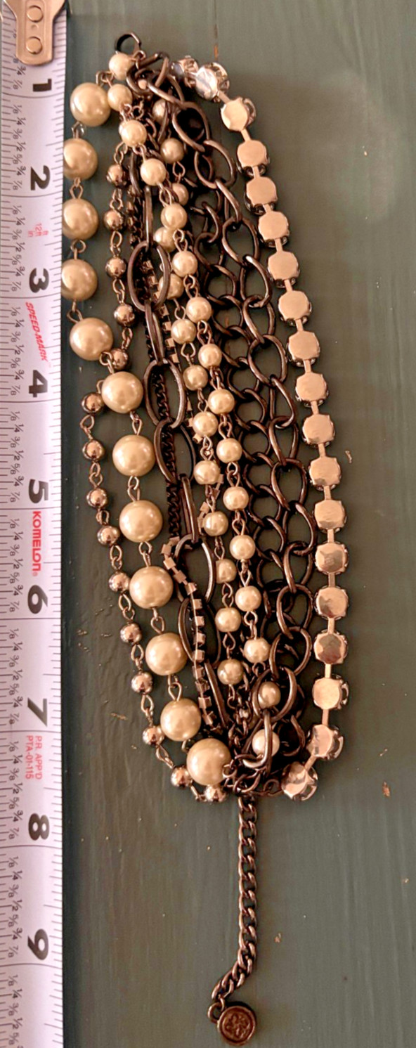 Simply Vera Wang Multi strand Pearl Rhinestone Gun Metal Bracelet 8″ adjustable