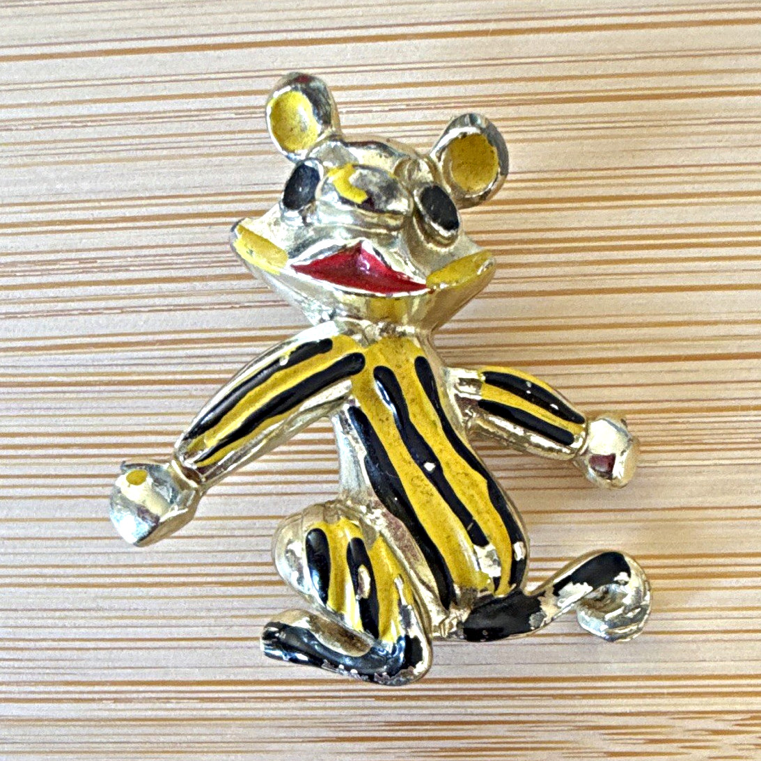Vintage Painted Mouse/Squirrel Brooch Pin Gold Tone Black Yellow Red Metal