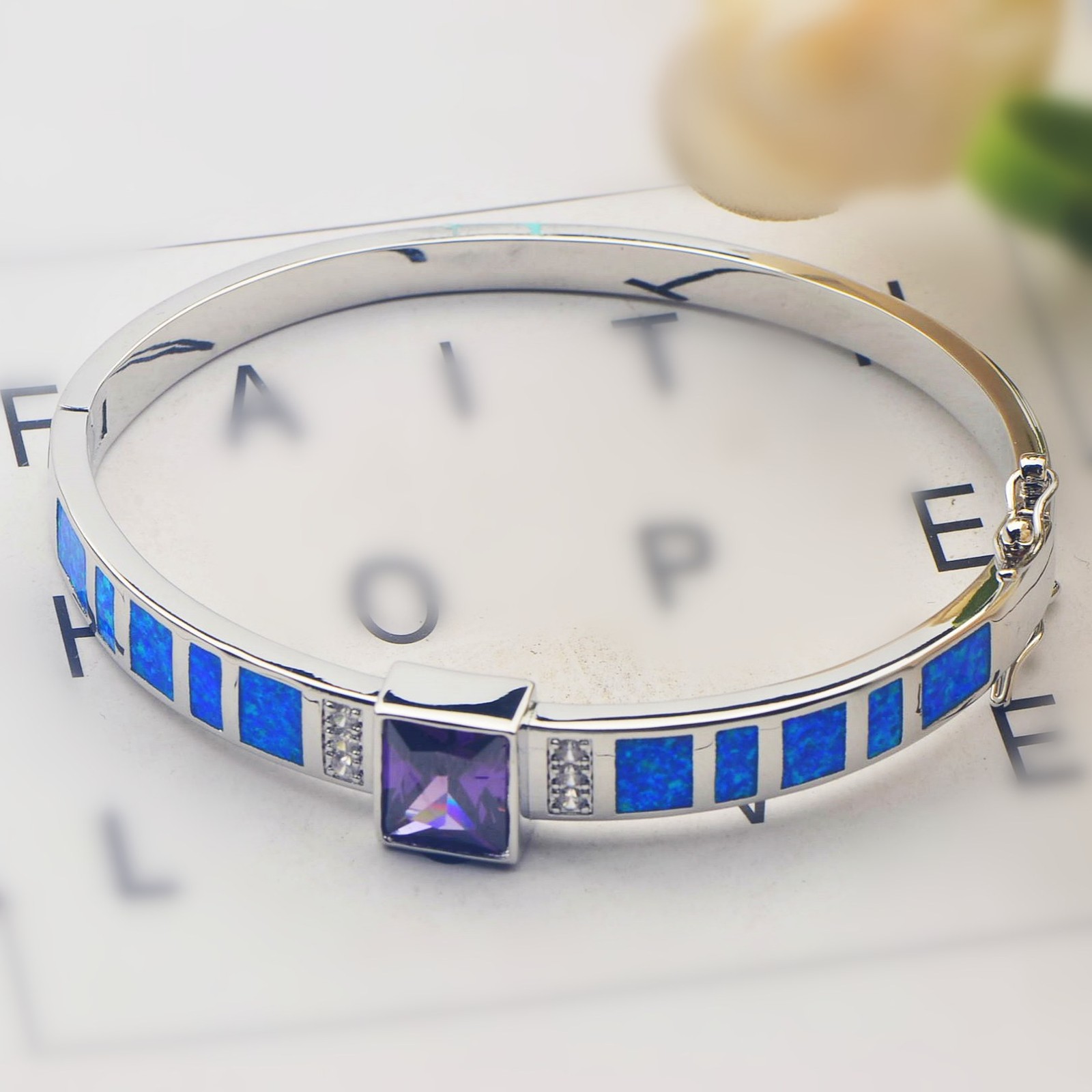 Blue Opal Square Bangles 925 Sterling Sliver Jewelry For Women Girls