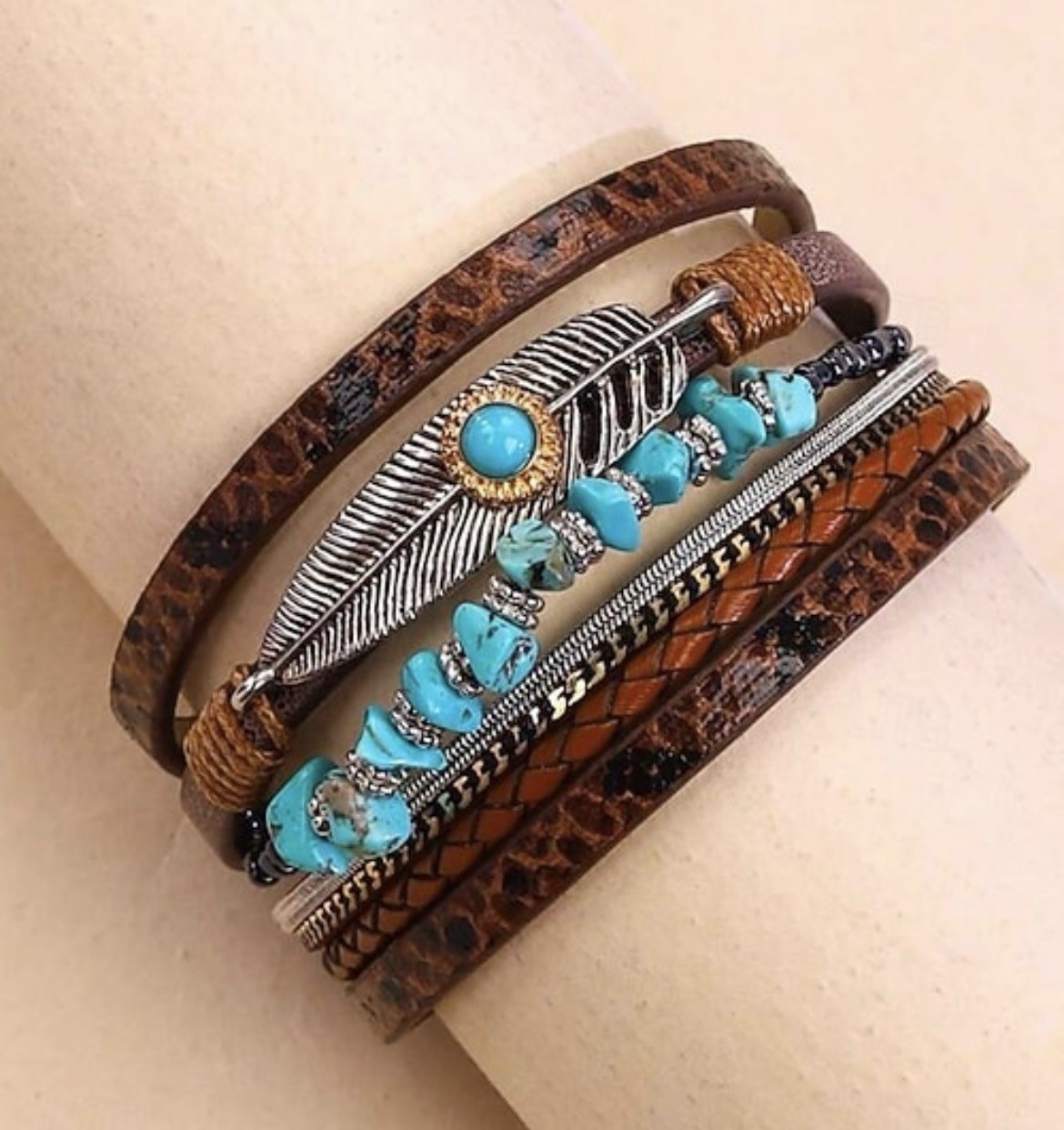 Southwestern Style Layered Cuff Bracelet Turquoise Mixed Metals Brown Leather