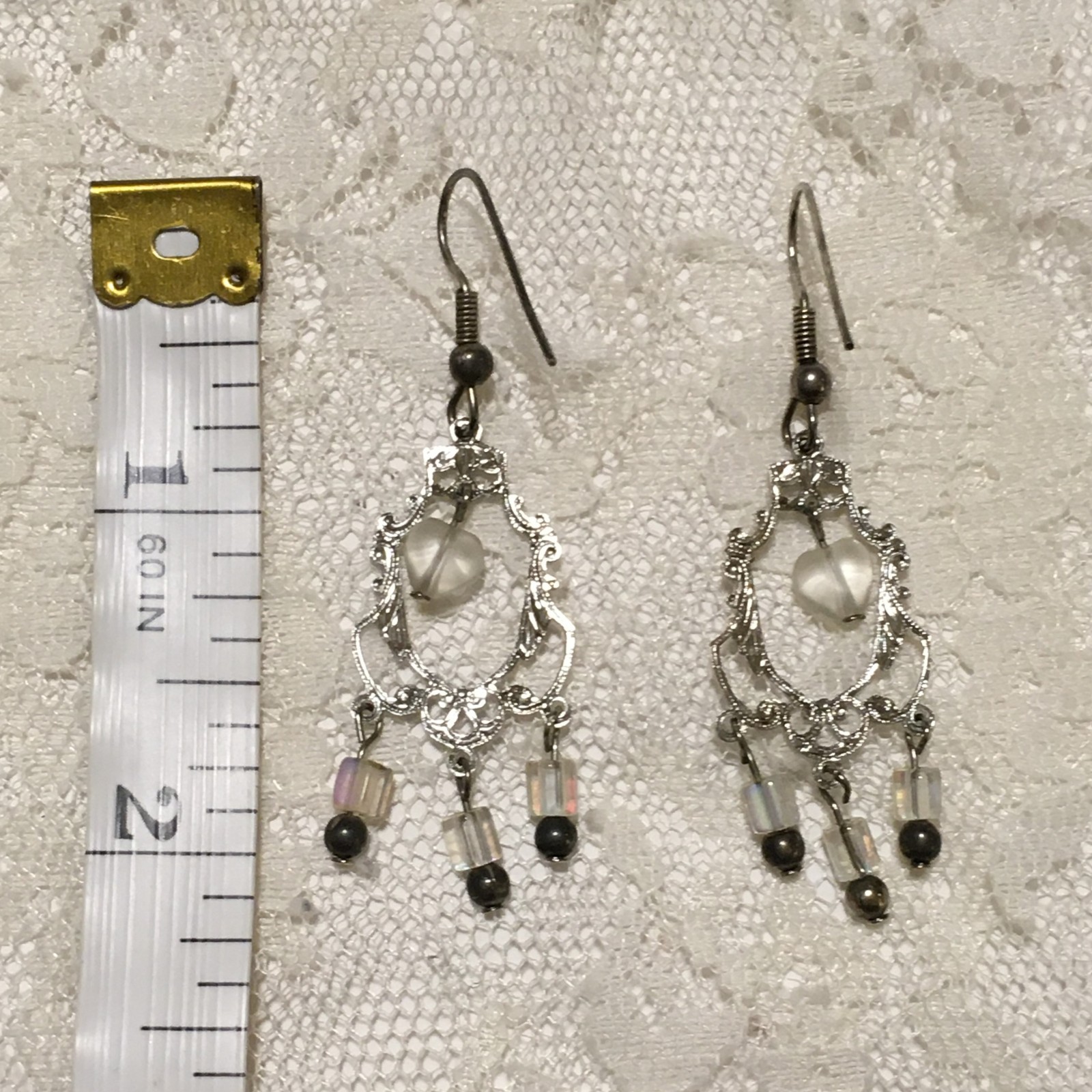 Dainty Chandelier Earrings Beaded Hooks Silver Tone