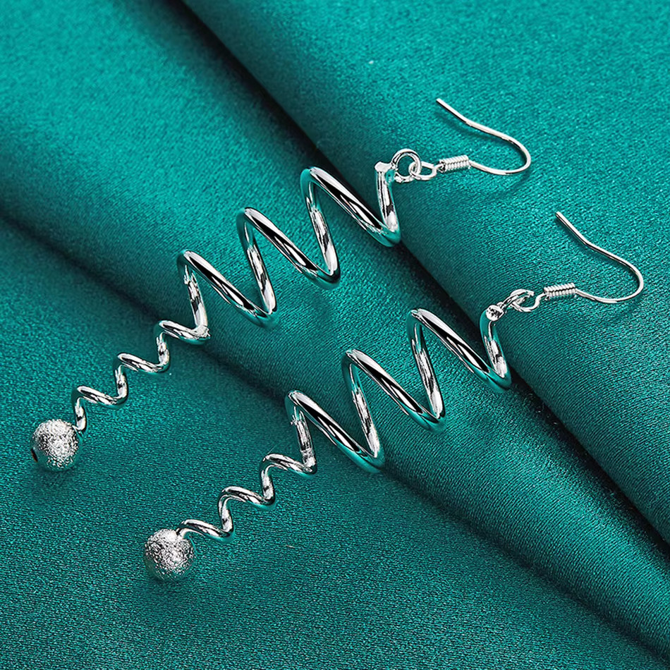 .925 Sterling Silver Spiral Ball Fashion Earrings L: 2.4in Drop Dangle L: 61mm