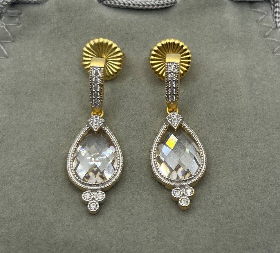 Freida Rothman Gold Teardrop CZ Sterling Silver Dangle Pierced Earrings NEW