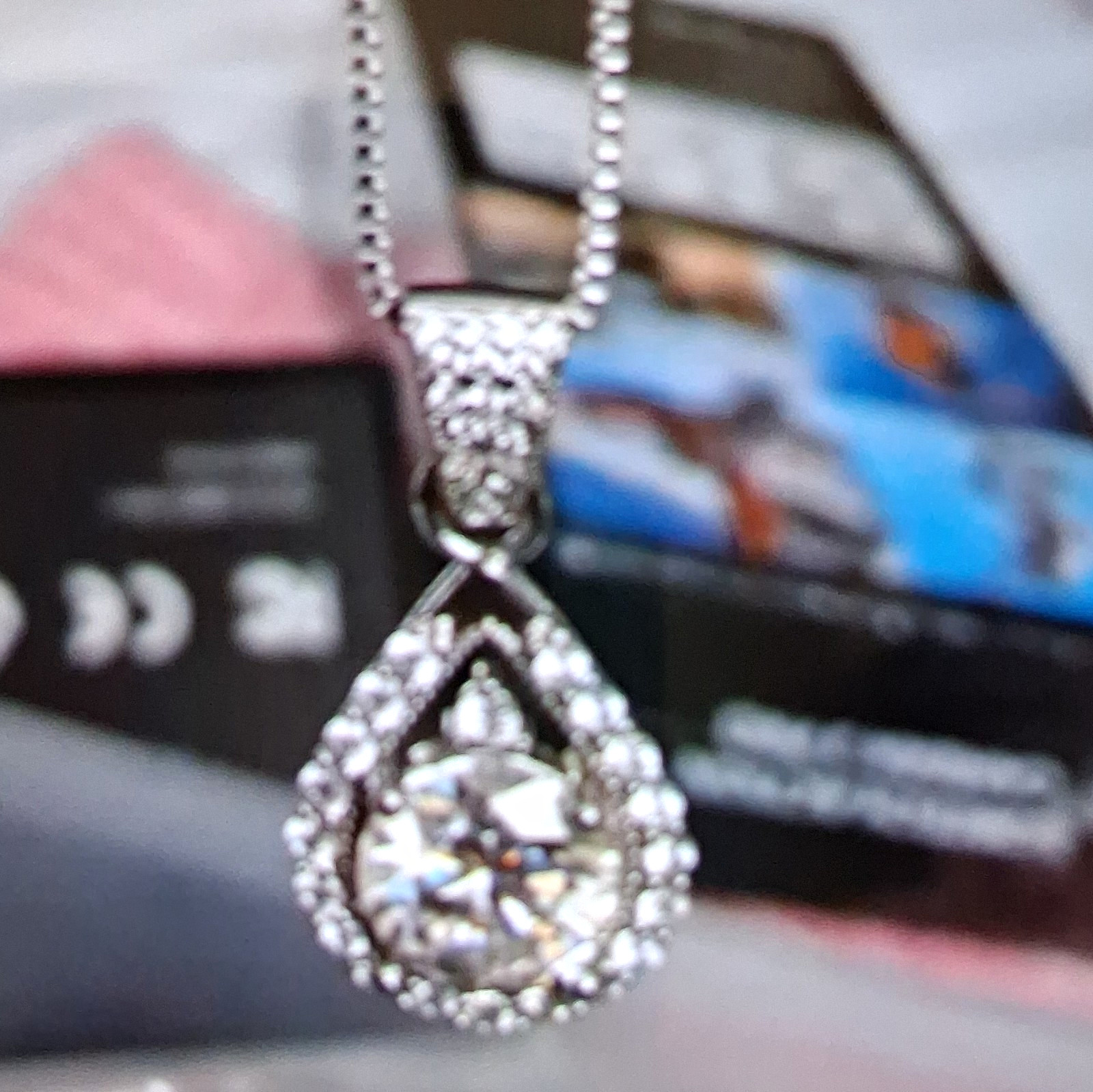 Silver Tone Halo Crystal Teardrop Pendant Necklace Ball/Bead Chain Mossy diamond