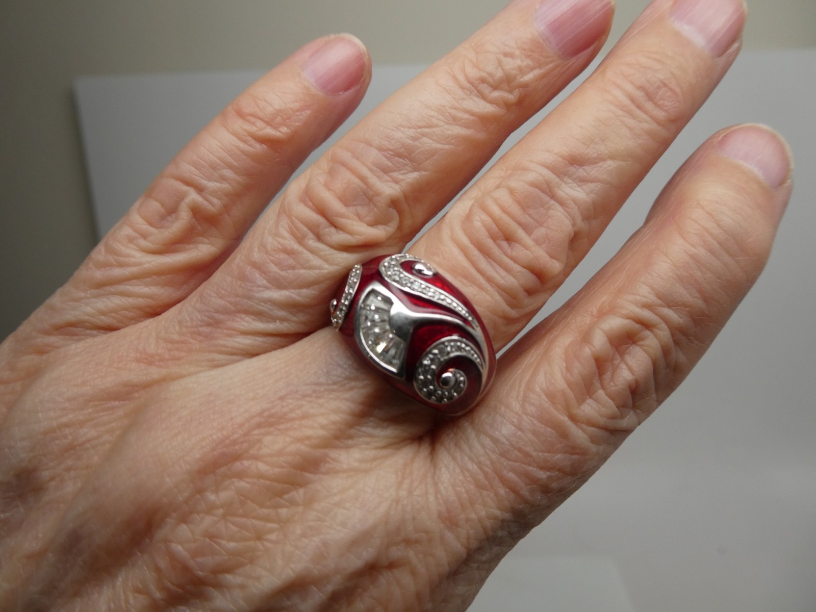 Victoria Wieck Dome Red Enamel & CZ Sterling Silver 925 Poppy Flower RING Size 8