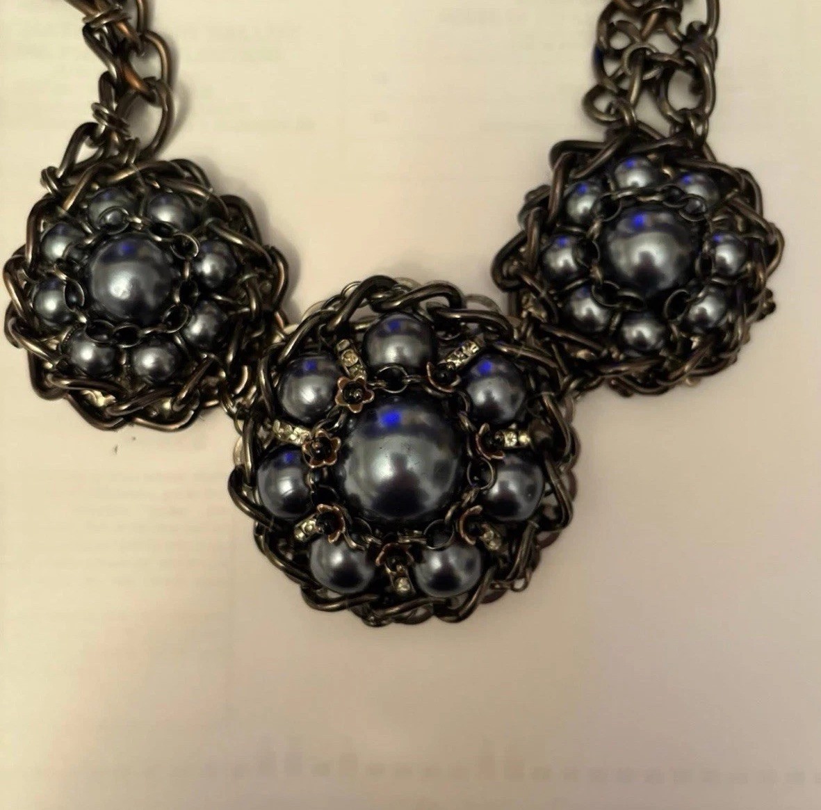 Blue Gray Faux Pearl Beaded Bib Necklace Medallion Metallic Clusters Rhinestones