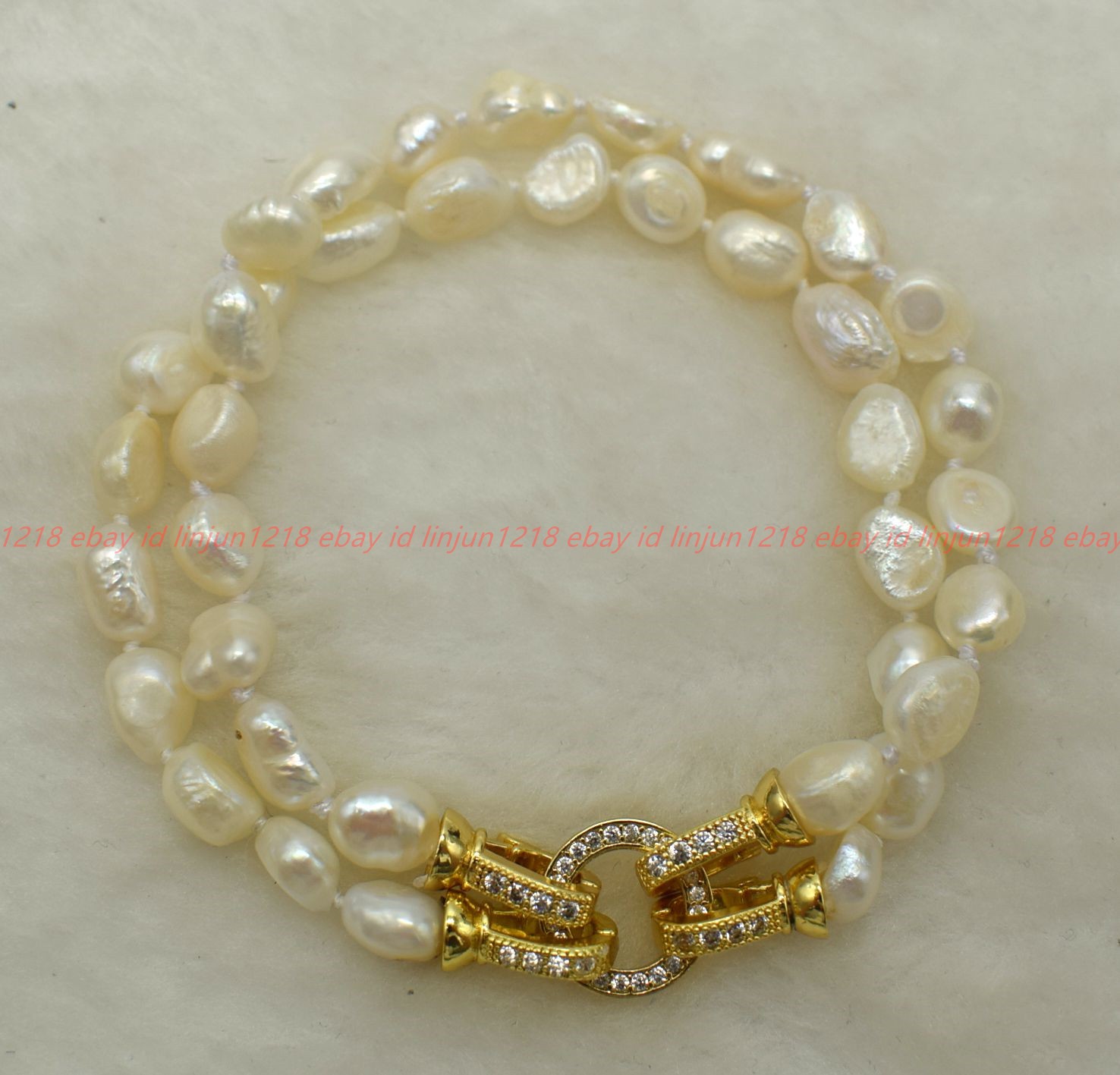 Charming Natural 2 Row 7-8/8-9mm White Baroque Pearl Beads Bracelet 7-9in