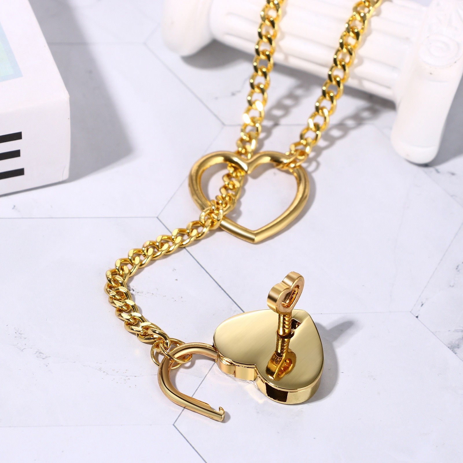 Heart O-ring Slip Chain Necklace Women Lariat Y-Necklace Collar Locker With Key