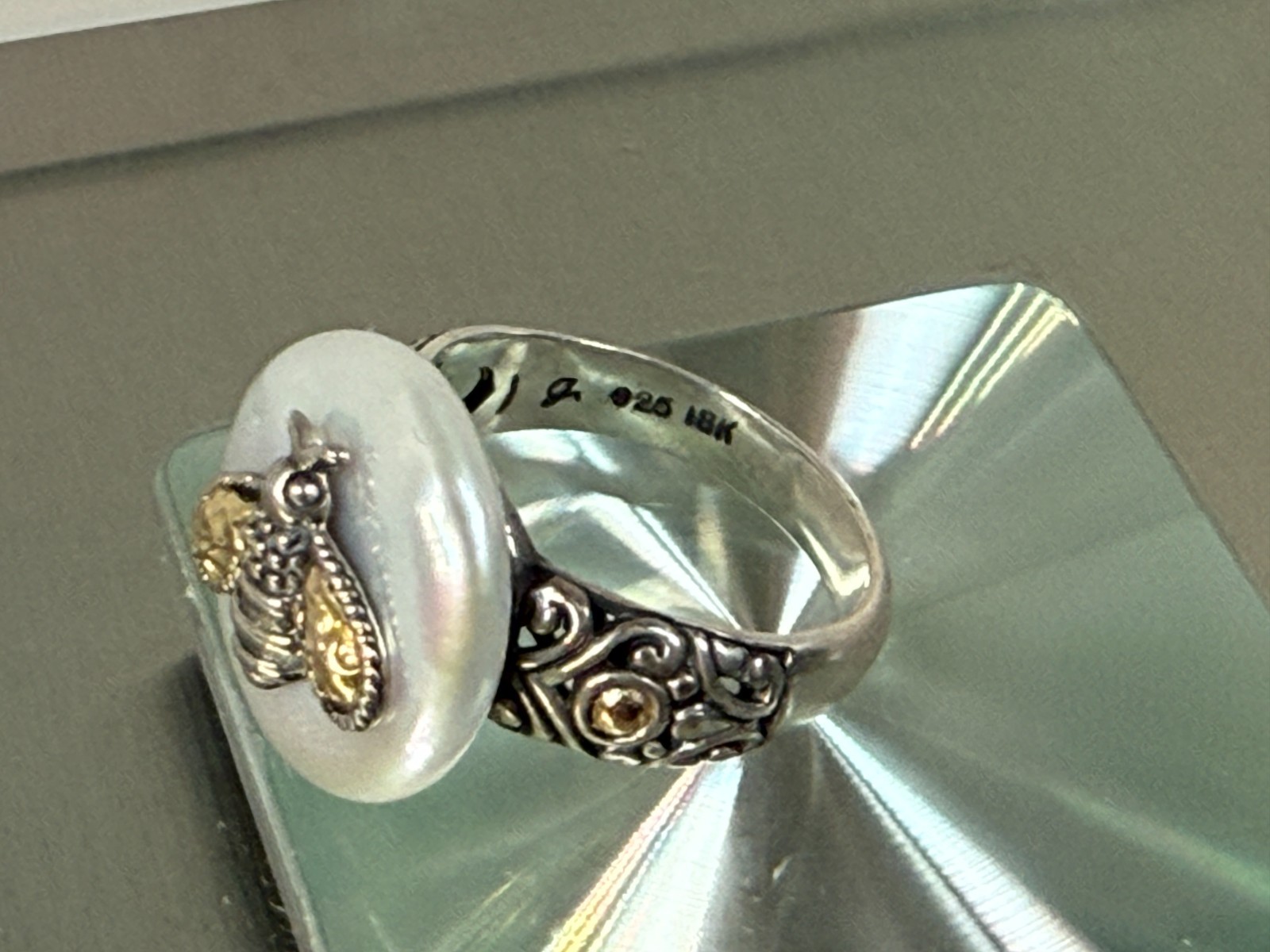 Artisan Silver 18K Gold Accented Cultured Pearl Bee Samuel B. collection, Ring 7