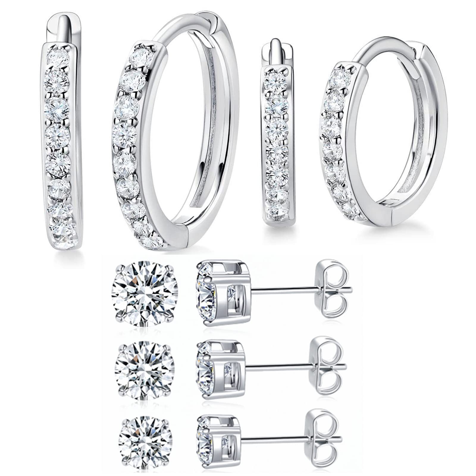 Hoops Huggie Stud Earrings Set 14K White Gold Plated Cubic Zirconia Earring f…