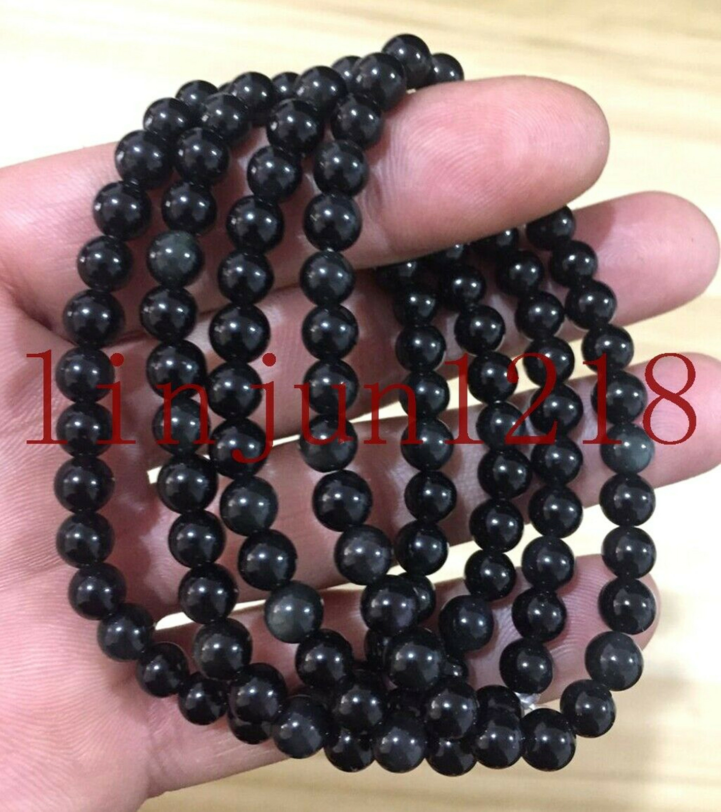 4pcs 6mm Black Rainbow Obsidian Gemstone Beads Bracelet Bangle 7.5”AAA