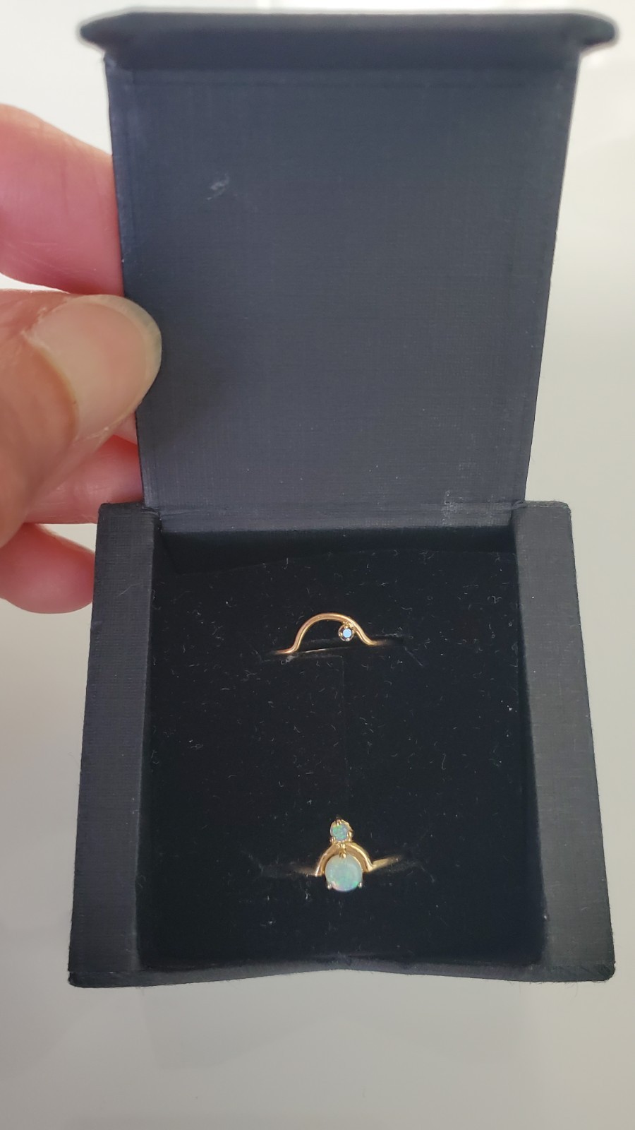 Pair of Wwake Opal Nestled Rings w/ diamond sapphire 14k yellow gold size 5.5