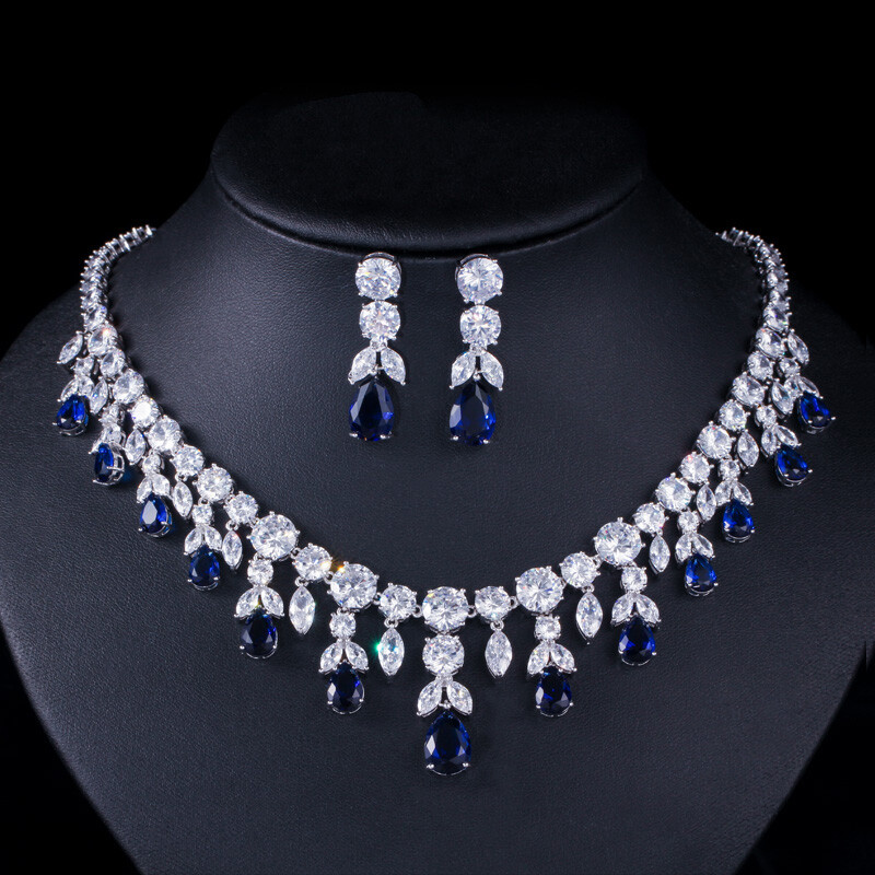 CWWZircons CZ Big Dangle Drop Bridal Wedding White Necklace Earrings Jewelry Set