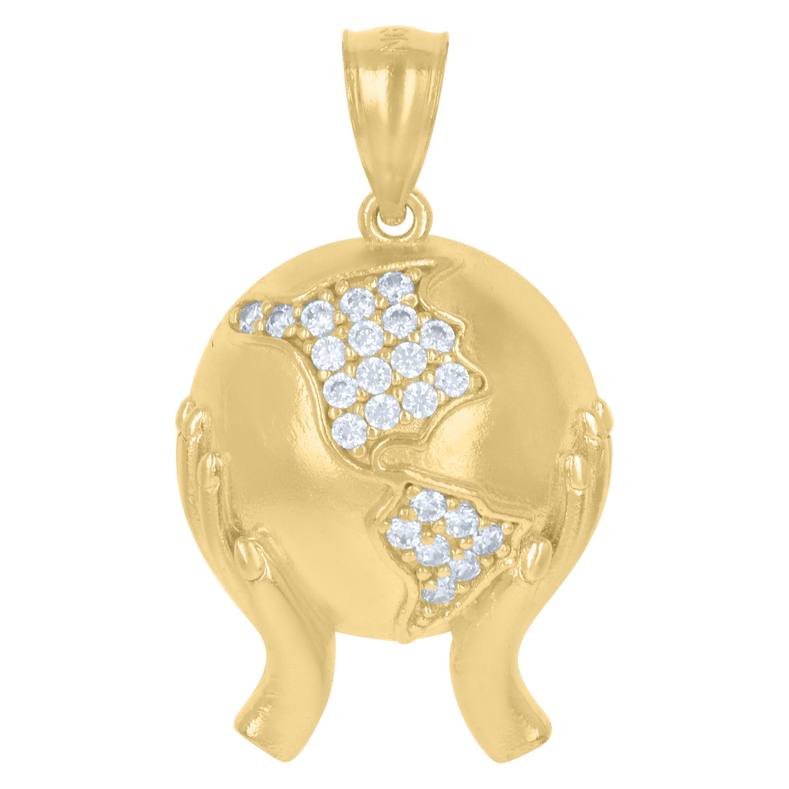 10K Yellow Gold Round Cut CZ Mens 1″ World Map Charm Hands Holding Globe Pendant