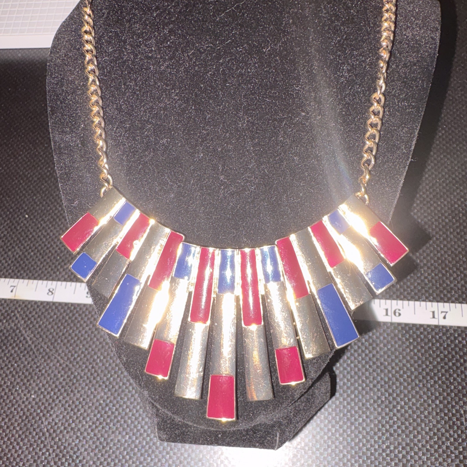 Gold Tone Red Blue Enamel Bib Statement Necklace Fan Fringe Pendant 19in