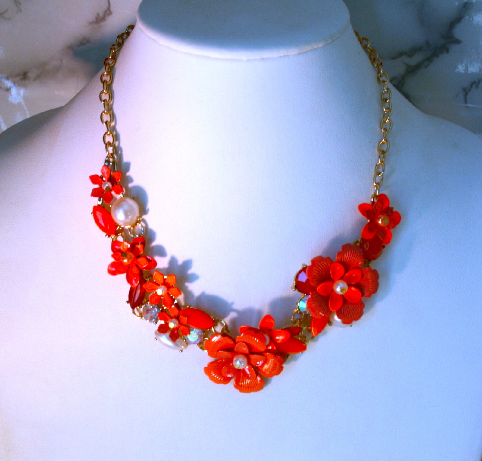 Gold tone orange flowers, faux pearls, crystals statement necklace 18″ + 2″