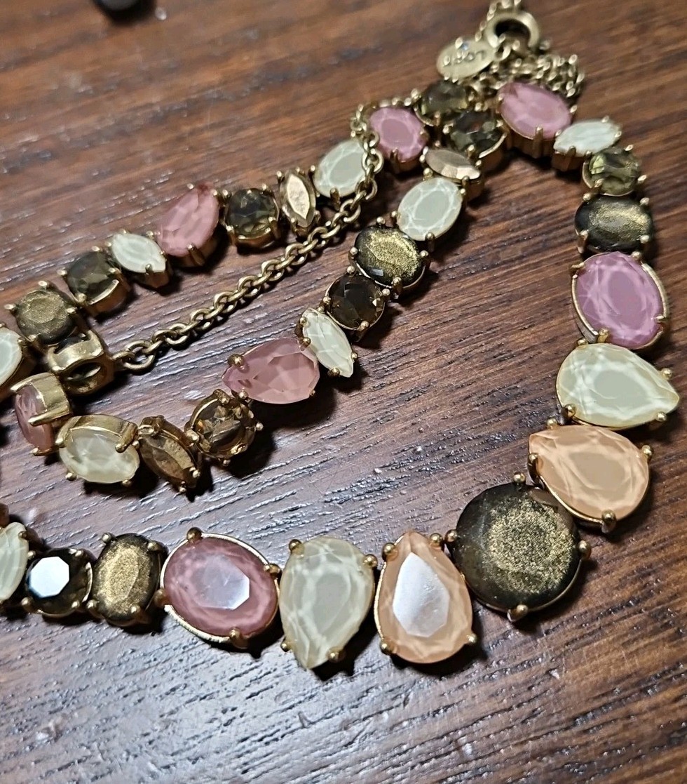 LOFT Goldtone Soft Pink Brown Green Ivory Open Rhinestones Adj 19-20″ Necklace
